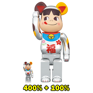 BE@RBRICK Lucky Cat Peko-chan Fuku Silver Plated 100% & 400% ( 招き猫 ペコちゃん 福 銀メッキ)  (TC)